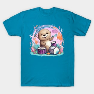 Cute Sea Otter playing drums T-Shirt